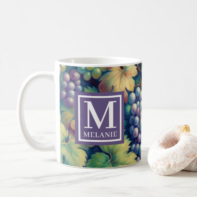Colourful Grape Pattern Monogram and Name Coffee Mug (With Donut)