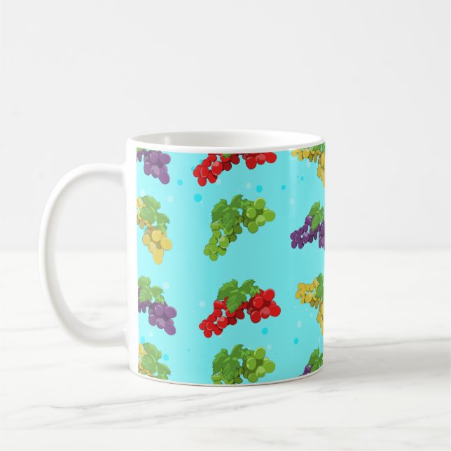 Colourful Grape Pattern on Sky Blue Background  Coffee Mug (Left)