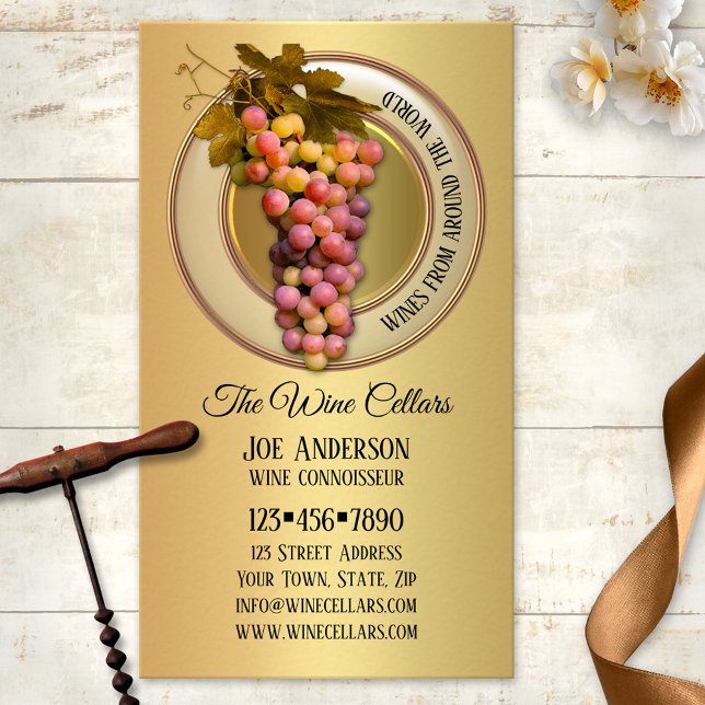 Colourful Grapes on Gold Wine Themed Business Card (Business card featuring colorful grapes on a stylized gold metallic background - vineyard - winery)