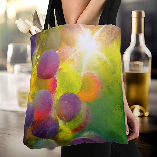 Colourful Grapes Wine Lovers Tote Bag (A modern designer bag featuring a colorful painting of grapes in the sun)