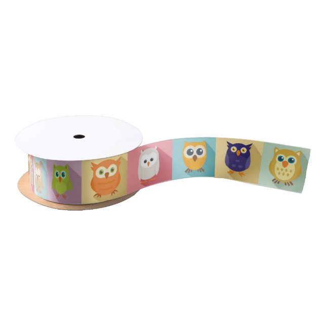 Colourful Graphic Owls Satin Ribbon (Spool)