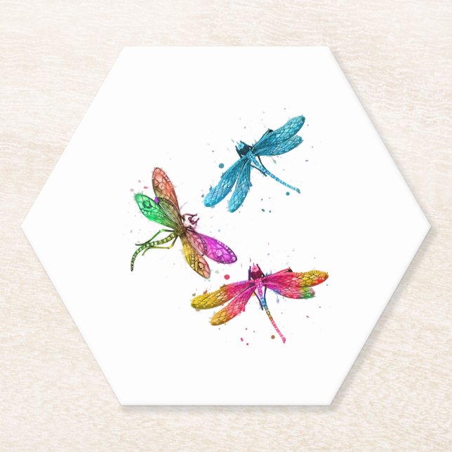 Colourful Graphic Pattern Dragonfly Funny Flying Paper Coaster (Front)