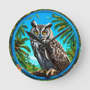 Colourful Great grey owl Bird Round Clock