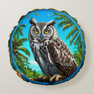 Colourful Great grey owl Bird Round Cushion