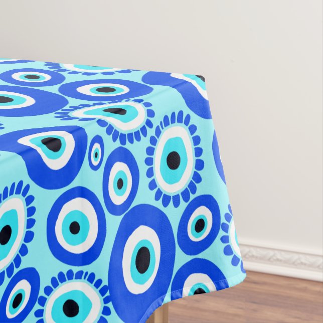 Colourful Greek Eye Pattern on Aqua Blue Tablecloth (In Situ)