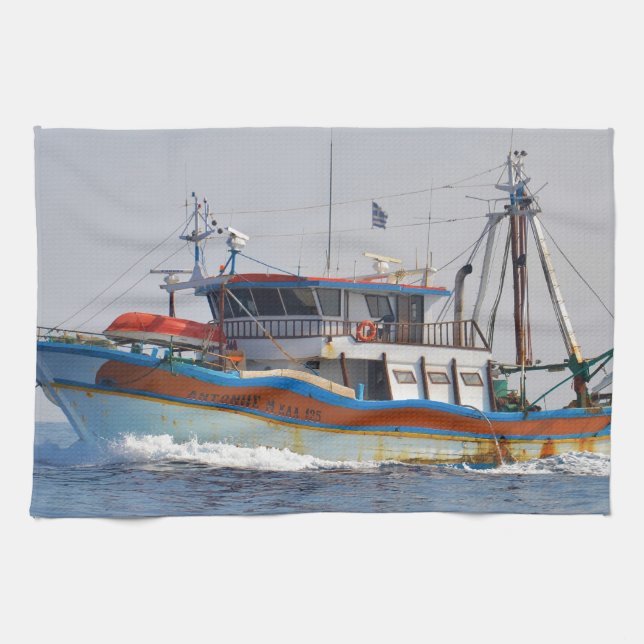 Colourful Greek Fishing Boat Tea Towel (Horizontal)