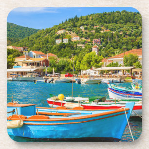 Colourful Greek fishing boats in port of Kioni Coaster
