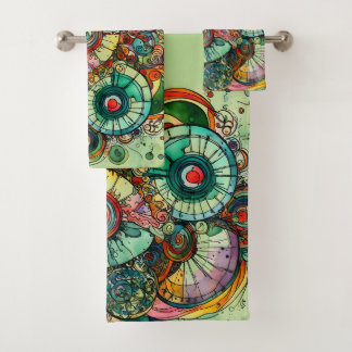 Colourful Green Abstract Doodle Art Towel set