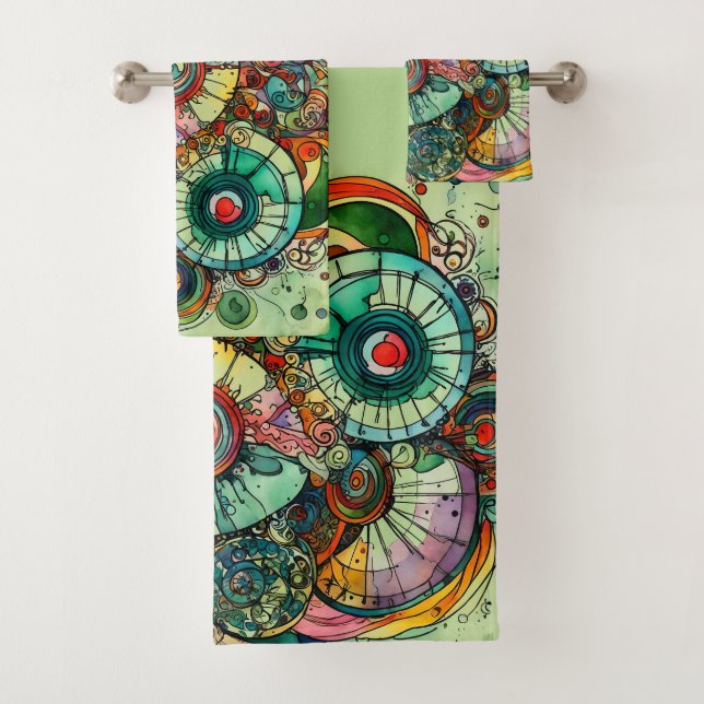 Colourful Green Abstract Doodle Art Towel set (Insitu)