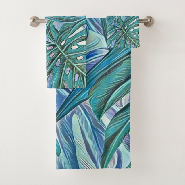 Colourful green blue tropical leaves watercolor bath towel set (Insitu)