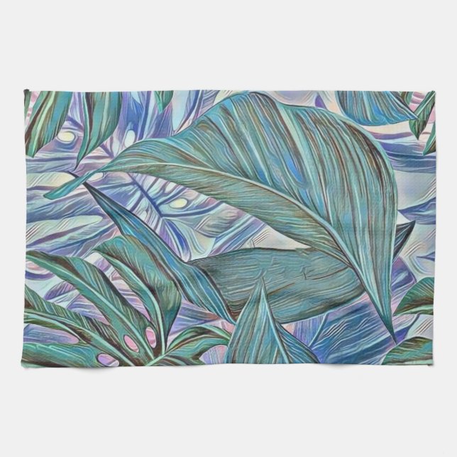 Colourful green blue tropical leaves watercolor tea towel (Horizontal)