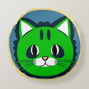 Colourful Green Cartoon Cat Round Cushion