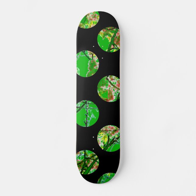Colourful green circles on black skateboard (Front)