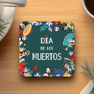 Colourful Green Dia de los Muertos Circle of Life Square Paper Coaster