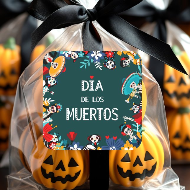 Colourful Green Dia de los Muertos Circle of Life Square Sticker (Creator Uploaded)