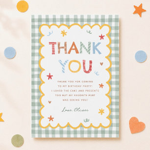 Colourful Green Gingham 1st Birthday Thank You Card