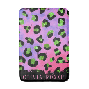 Colourful Green Glitter Leopard Print Custom Bath Mat