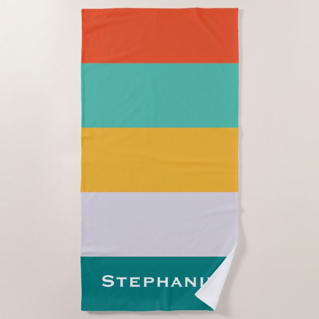 Colourful Green Grey Orange Abstract Stripes Name Beach Towel (Front)