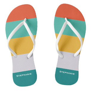 Colourful Green Grey Orange Abstract Stripes Name Thongs