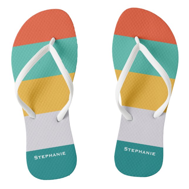 Colourful Green Grey Orange Abstract Stripes Name Thongs (Footbed)