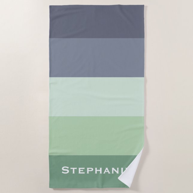 Colourful Green Grey Palette Abstract Stripes Name Beach Towel (Front)