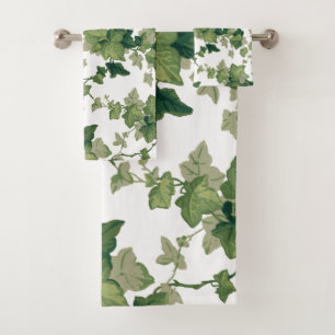 Colourful Green Ivy on White Background Bath Towel Set