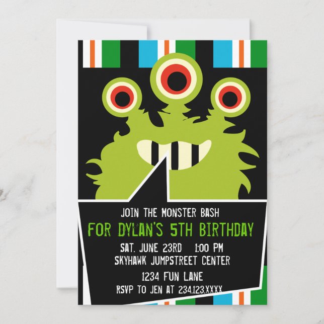 Colourful Green Monster Birthday Party Invitations (Front)
