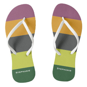 Colourful Green Orange Brown Abstract Stripes Name Thongs