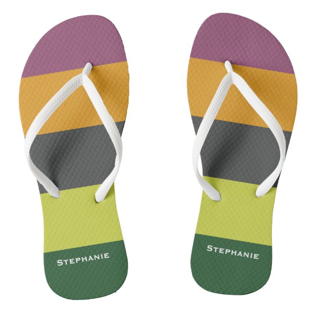Colourful Green Orange Brown Abstract Stripes Name Thongs (Footbed)