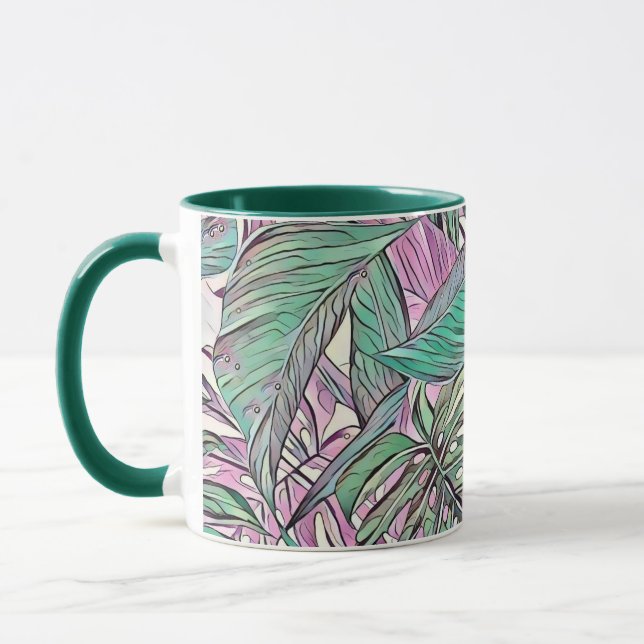 Colourful green pink tropical leaves pop art mug (Left)