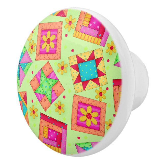 Colourful Green Quilt Patchwork Block Art Ceramic Knob (Right)