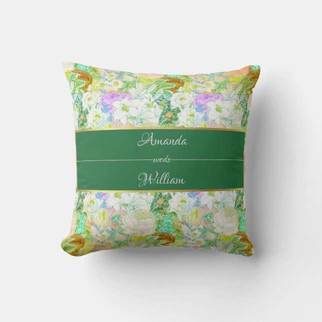 Colourful green Vintage Floral Cushion (Front)
