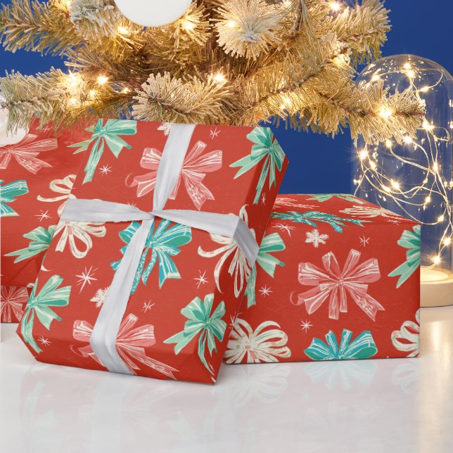 Colourful Green, White Bows and Snowflakes Print Wrapping Paper (Holidays)