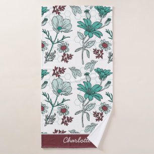 Colourful greenery floral pattern personalised nam bath towel