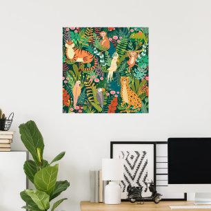 Colourful greenery jungle l Watercolor wild animal Poster