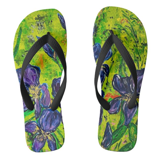 Colourful greens, blues & purples Irises Thongs (Footbed)
