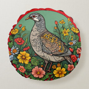 Colourful Grey partridge Artistic Wildlife Bird Round Cushion