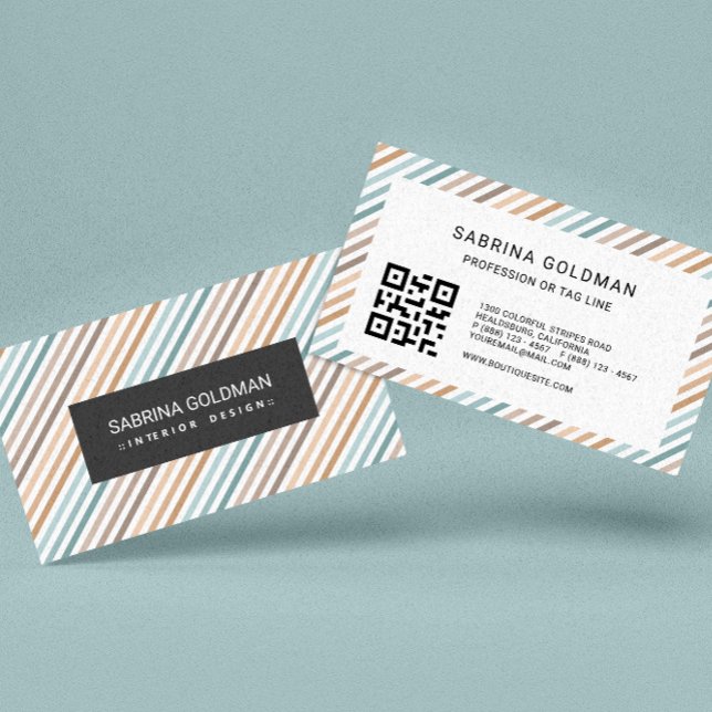 Colourful Grey Stripes Pastel Colours QR CODE  Business Card (Creator Uploaded)