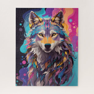 Colourful Grey Wolf Neon Colours Jigsaw Puzzle