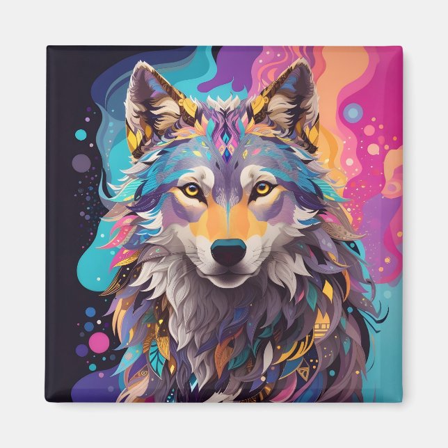 Colourful Grey Wolf Neon Colours Magnet (Front)