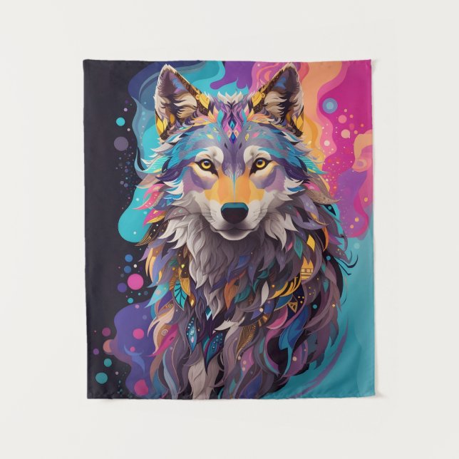 Colourful Grey Wolf Neon Colours Tapestry (Front)