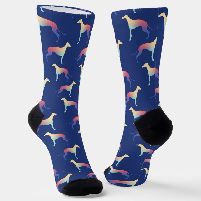 Colourful Greyhound Silhouette Pattern Blue Socks (Angled)