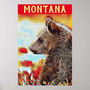 Colourful Grizzly Bear Pop Art Montana Travel Poster