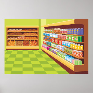 Colourful Grocery Store Aisle and Bakery  Poster