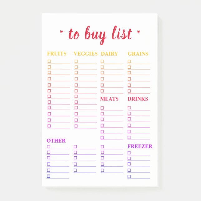 Colourful Grocery to buy list Post-it® Notes (Front)