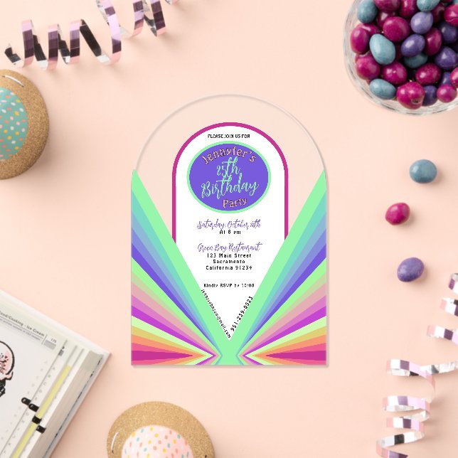 Colourful groovy 70’s retro Birthday arch Acrylic Invitations (Insitu (Celebration))