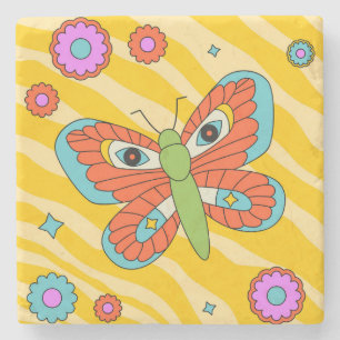 Colourful Groovy Butterfly and Daisies Stone Coaster