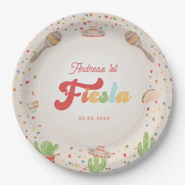 Colourful Groovy Fiesta 1st Birthday Gender Neutra Paper Plate (Front)