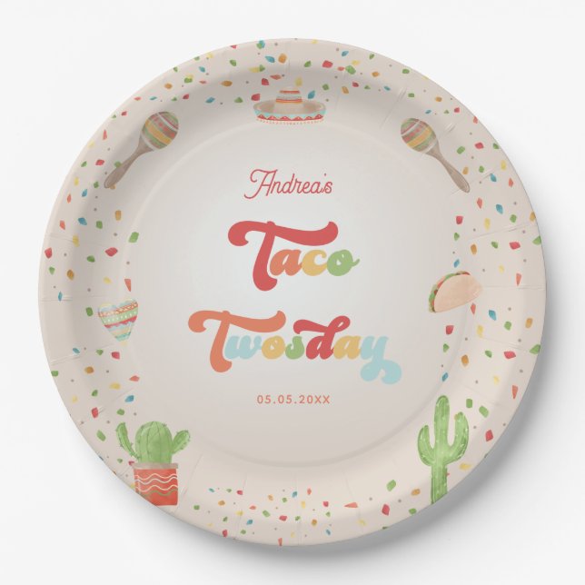 Colourful Groovy Fiesta 2nd Birthday Taco Twosday Paper Plate (Front)