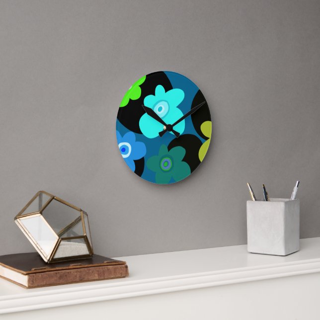 colourful groovy flowers  round clock (Office)